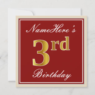 Invitación Elegante, rojo, falso oro tercer cumpleaños + nomb