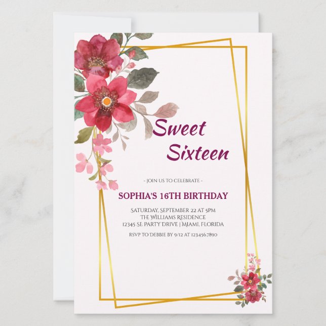 Invitación Elegante Rojo Floral Dulce Marco Dorado Dieciséis (Anverso)