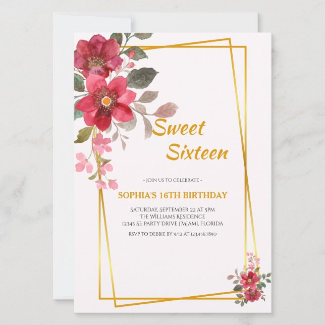 Invitación Elegante Rojo Floral Dulce Marco Dorado Dieciséis (Anverso)