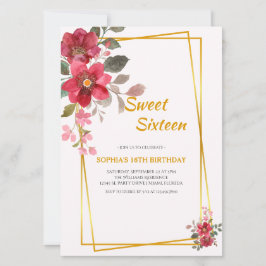 Invitación Elegante Rojo Floral Dulce Marco Dorado Dieciséis