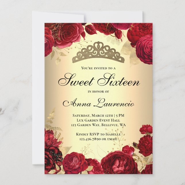 Invitación Elegante Rojo Floral y Dulce Temático Oro Dieciséi (Anverso)