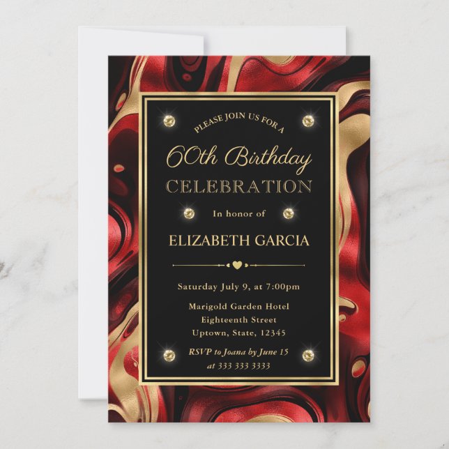 Invitación Elegante Rojo Fundido y Papel de Oro 60 Cumpleaños (Anverso)