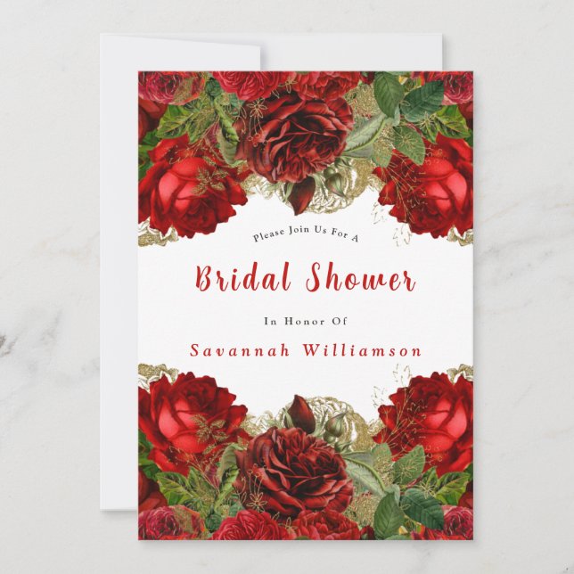 Invitación Elegante Rojo Rojo Floral Frame Bridal Shower (Anverso)
