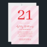 Invitación Elegante Rojo Rojo Moderno 21 cumpleaños<br><div class="desc">Crea tus propias invitaciones personalizadas de 21 años con tipografía moderna y fondo rayado de patrón rosado</div>