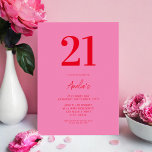 Invitación Elegante Rojo Rojo Moderno 21 cumpleaños<br><div class="desc">Una invitación moderna y sencilla de 21 años,  con una tipografía elegante y un diseño minimalista de color rosa y rojo.</div>
