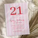 Invitación Elegante Rojo Rojo Moderno 21 cumpleaños<br><div class="desc">Crea tus propias invitaciones personalizadas de 21 años con tipografía moderna y fondo rayado de patrón rosado</div>