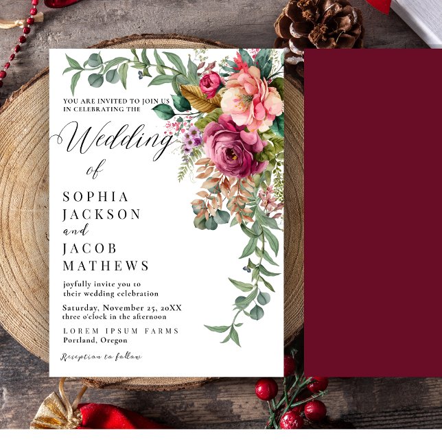 Invitación Elegante Rojo Rojo romántico Boda de invierno Flor (Subido por el creador)