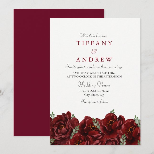 Invitación Elegante Rojo Rosa Leaf Invite a una boda moderna (Anverso / Reverso)
