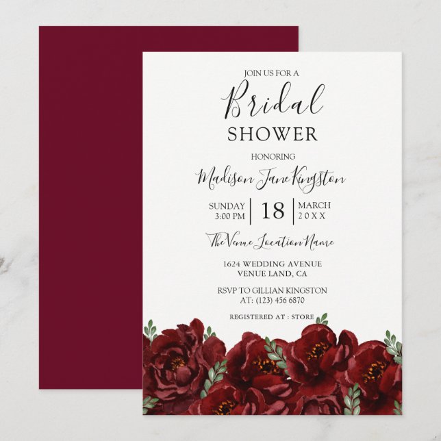 Invitación Elegante Rojo Rosa Leaf Moderno Ducha Bridal (Anverso / Reverso)