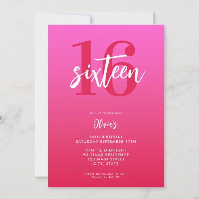 Invitación Elegante rojo rosado moderno 16 cumpleaños (Anverso)