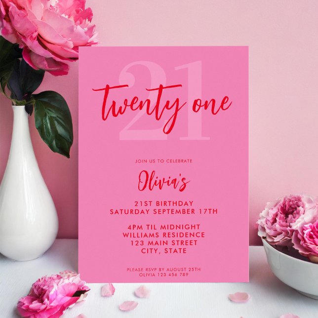 Invitación Elegante rojo rosado moderno cumpleaños 21 (Subido por el creador)
