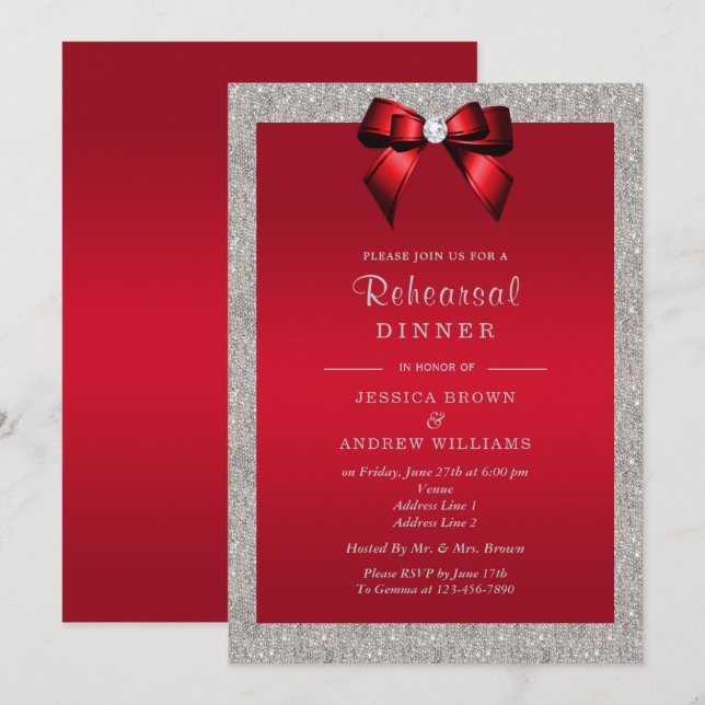 Invitación Elegante rojo rubí, Purpurina plateado para la cen (Anverso / Reverso)
