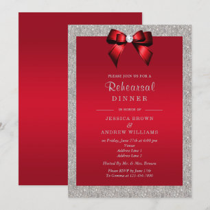 Invitación Elegante rojo rubí, Purpurina plateado para la cen