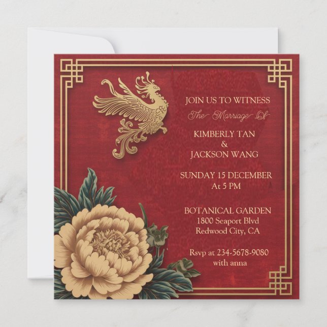 Invitación Elegante Rojo Vibrante Chino (Anverso)