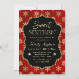 Invitación Elegante Rojo y Dorado Copos de Nieve de Invierno 