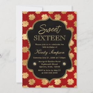 Invitación Elegante rojo y oro de invierno Poinsettia dulce 1