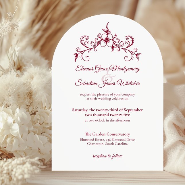 Invitación Elegante Romance de época Borgoña Boda Floral (Subido por el creador)