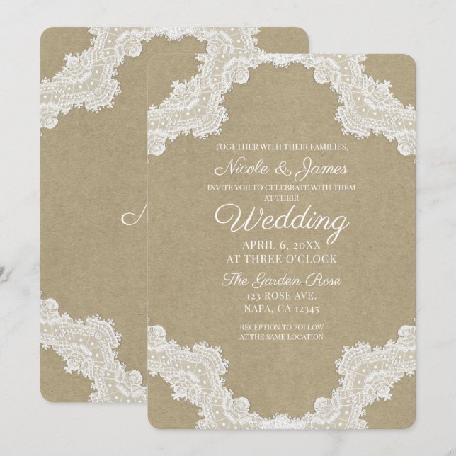 Invitación Elegante Romance Rústico Blanco Lace & Kraft Boda (Anverso / Reverso)