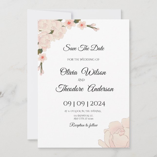 Invitación Elegante Romántica Boda Floral Rosa Salva La Fecha (Anverso)