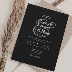 Invitación Elegante Romántico Boda Clásico Gris Negro