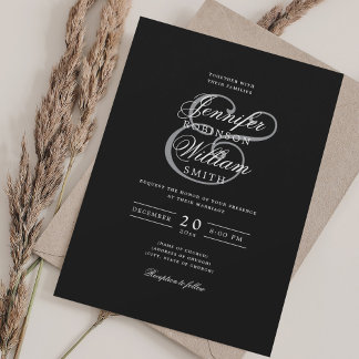 Invitación Elegante Romántico Boda Clásico Gris Negro