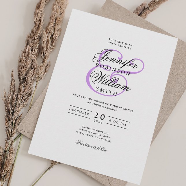 Invitación Elegante Romántico Boda Clásico Guión Púrpura (Elegant Romantic Wedding Classic Script Purple Invitation)