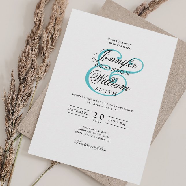 Invitación Elegante Romántico Boda Clásico Guión Turquesa (Elegant Romantic Wedding Classic Script Turquoise Invitation)