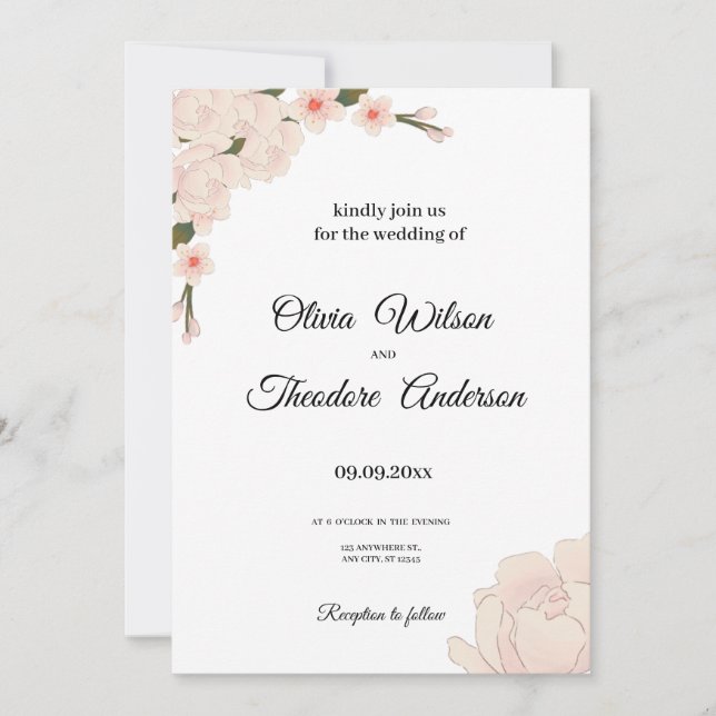 Invitación Elegante romántico Boda de flores rosadas de Rubor (Anverso)