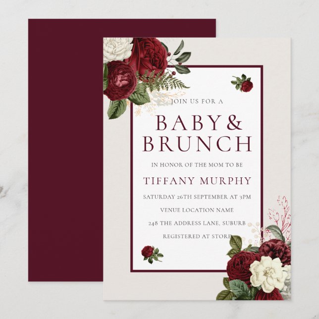 Invitación Elegante Romántico Burgundy Floral Baby Shower (Anverso / Reverso)