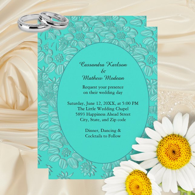 Invitación Elegante Romántico Daisies Boda Floral Turquesa (Elegant Romantic Daisies Floral Turquoise Wedding Invitation)