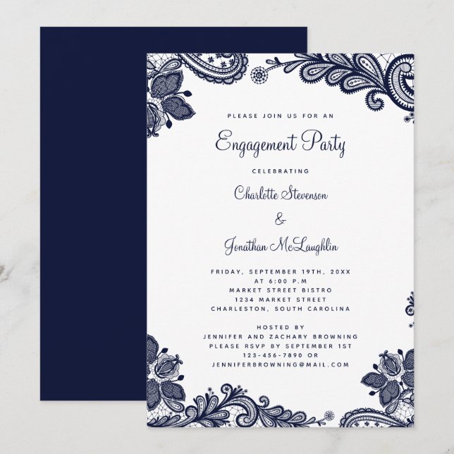 Invitación Elegante Romántico Encaje Fiesta de Compromiso Azu (Anverso / Reverso)