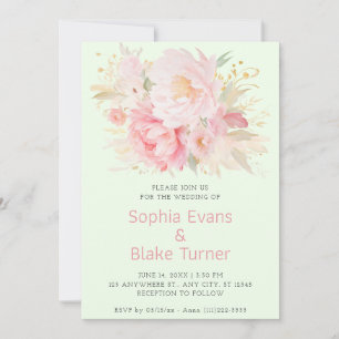 Invitación Elegante Romántico Rosa Floral Verde Claro Boda