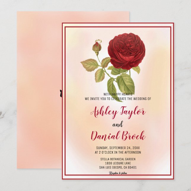Invitación Elegante Romántico Rosa Rojo Dusty Floral Boda (Anverso / Reverso)