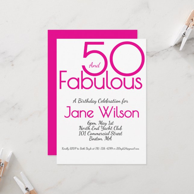 Invitación Elegante Rosa 50 y Cumpleaños Fabuoso   (Anverso/Reverso In Situ)
