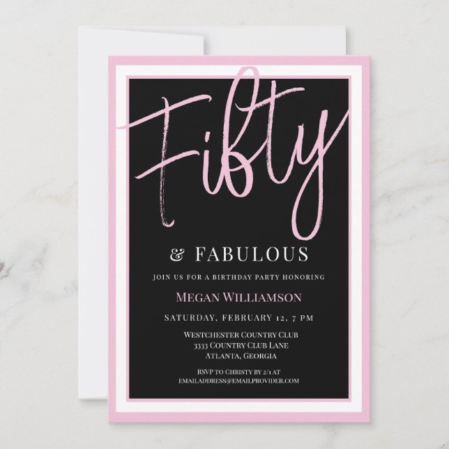 Invitación Elegante rosa 50 y fabuloso cumpleaños (Anverso)