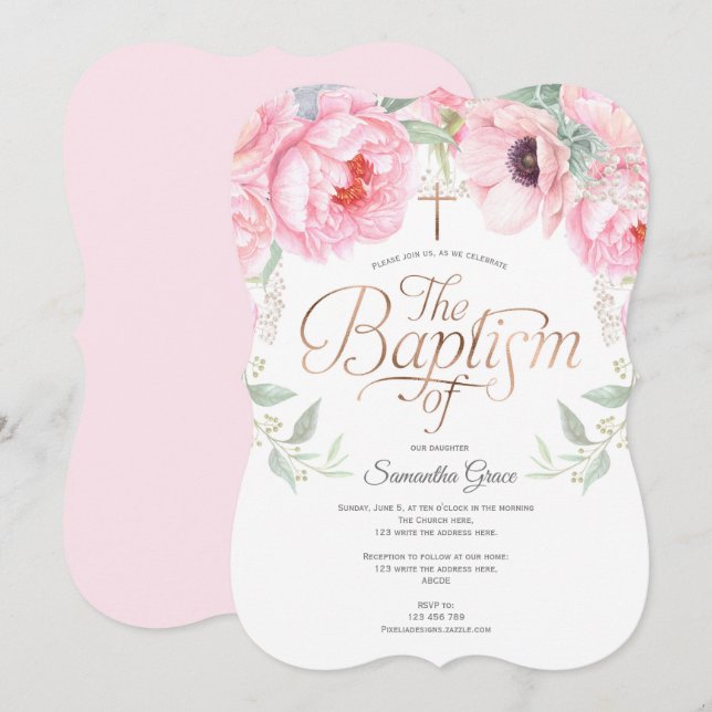Invitación Elegante, rosa, acuarela, floral, cristiana (Anverso / Reverso)