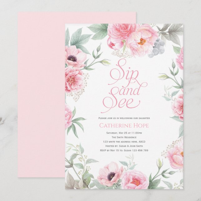 Invitación Elegante, rosa, acuarela floral, sip y ver (Anverso / Reverso)