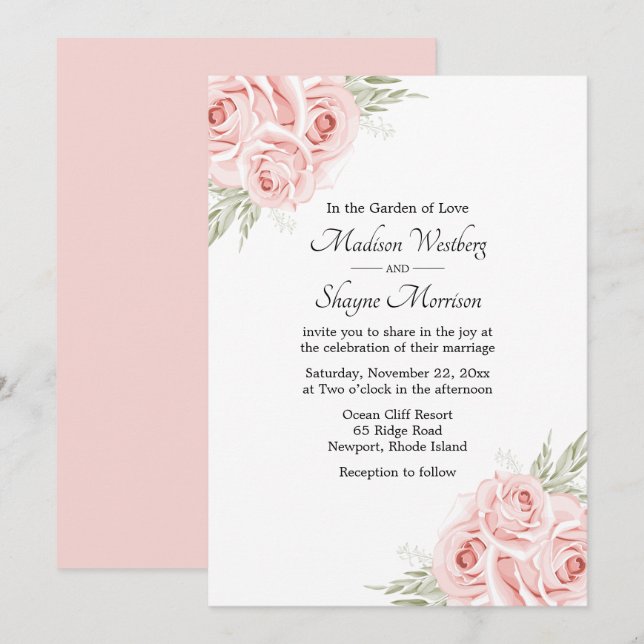 Invitación Elegante Rosa acuarela Rubor Boda floral rosa (Anverso / Reverso)