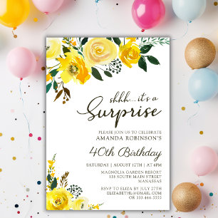 Invitación Elegante Rosa Amarilla Floral Sorpresa 40 cumpleañ