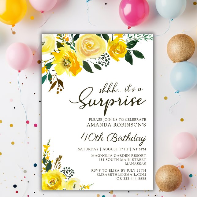 Invitación Elegante Rosa Amarilla Floral Sorpresa 40 cumpleañ (Subido por el creador)