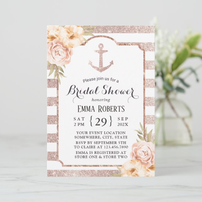 Invitación Elegante Rosa Ancla de Oro Floral Bridal Ducha (Anverso de pie)