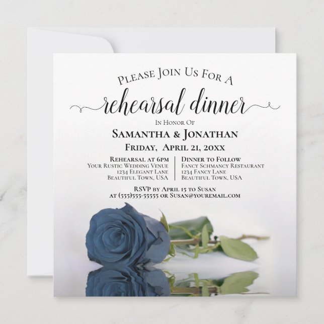 Invitación Elegante Rosa azul de acero Boda ensayo y cena (Anverso)