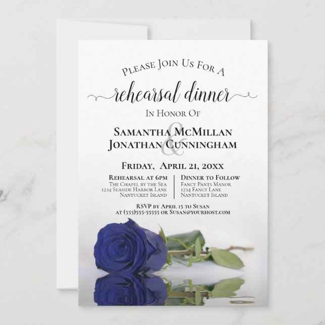 Invitación Elegante Rosa azul de la Marina Boda de ensayo cen (Anverso)