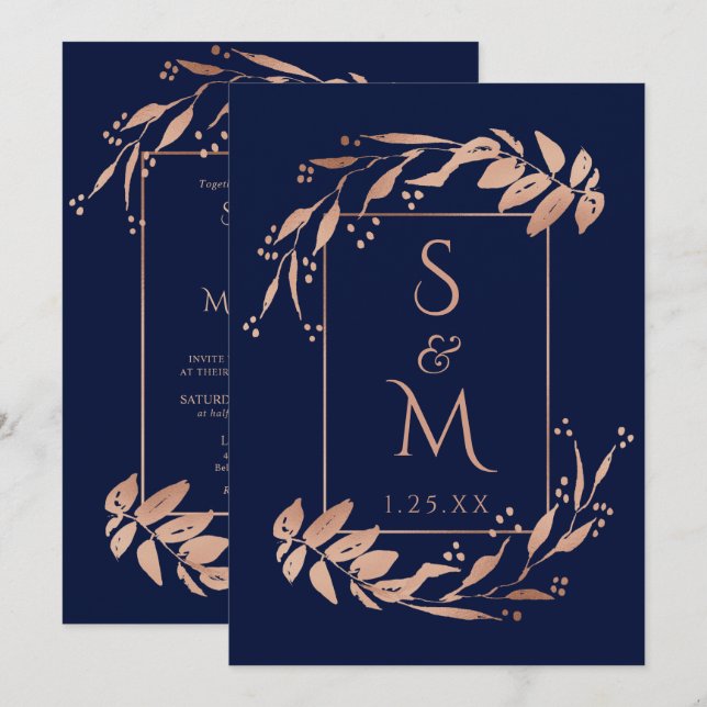 Invitación Elegante Rosa azul de la Marina Boda del Foliage d (Anverso / Reverso)