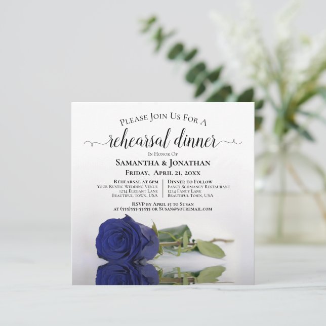Invitación Elegante Rosa azul de la Marina Boda ensayo y cena (Anverso de pie)