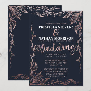Invitación Elegante Rosa azul de la marina  dorado Boda de vi