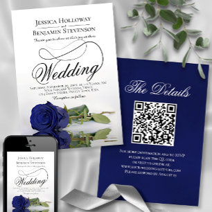 Invitación Elegante Rosa azul de la marina Fancy QR Code Boda
