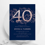 Invitación Elegante Rosa azul de la Marina Oro 40 cumpleaños<br><div class="desc">Elegante rosa azul marino oro 40 cumpleaños invitación a fiesta. Personalizable diseño moderno femenino con acentos botánicos rosas y falso purpurina rosa oro. Sencilla tarjeta de invitación floral perfecta para una elegante celebración de cumpleaños femenina. Personaliza con tus propios detalles. Invitaciones Zazzle impresas o una plantilla imprimible digital de descarga...</div>