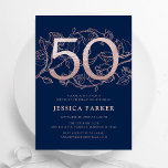 Invitación Elegante Rosa azul de la Marina Oro 50 cumpleaños<br><div class="desc">Elegante rosa azul marino oro 50 cumpleaños invitación a fiesta. Personalizable diseño moderno femenino con acentos botánicos rosas y falso purpurina rosa oro. Sencilla tarjeta de invitación floral perfecta para una elegante celebración de cumpleaños femenina. Personaliza con tus propios detalles. Invitaciones Zazzle impresas o una plantilla imprimible digital de descarga...</div>