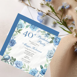 Invitación Elegante Rosa azul Floral 40 Fiesta de cumpleaños